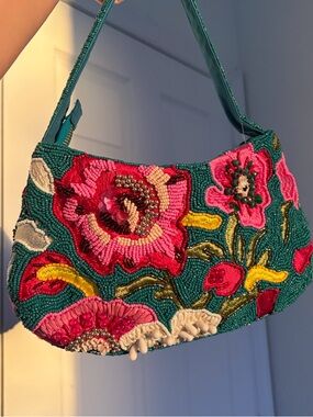New Hand-Beaded Teal Floral Shoulder Bag with Pink Accents